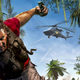 Jack Carver from Far Cry 1 holding a grenade and escaping a heli.